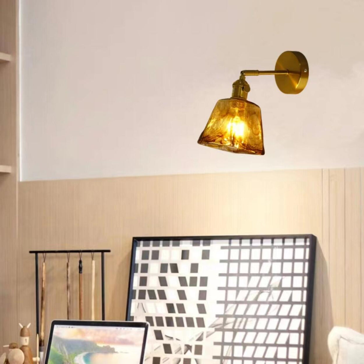 Adjustable Vintage Copper Amber Glass Wall Light Image - 4