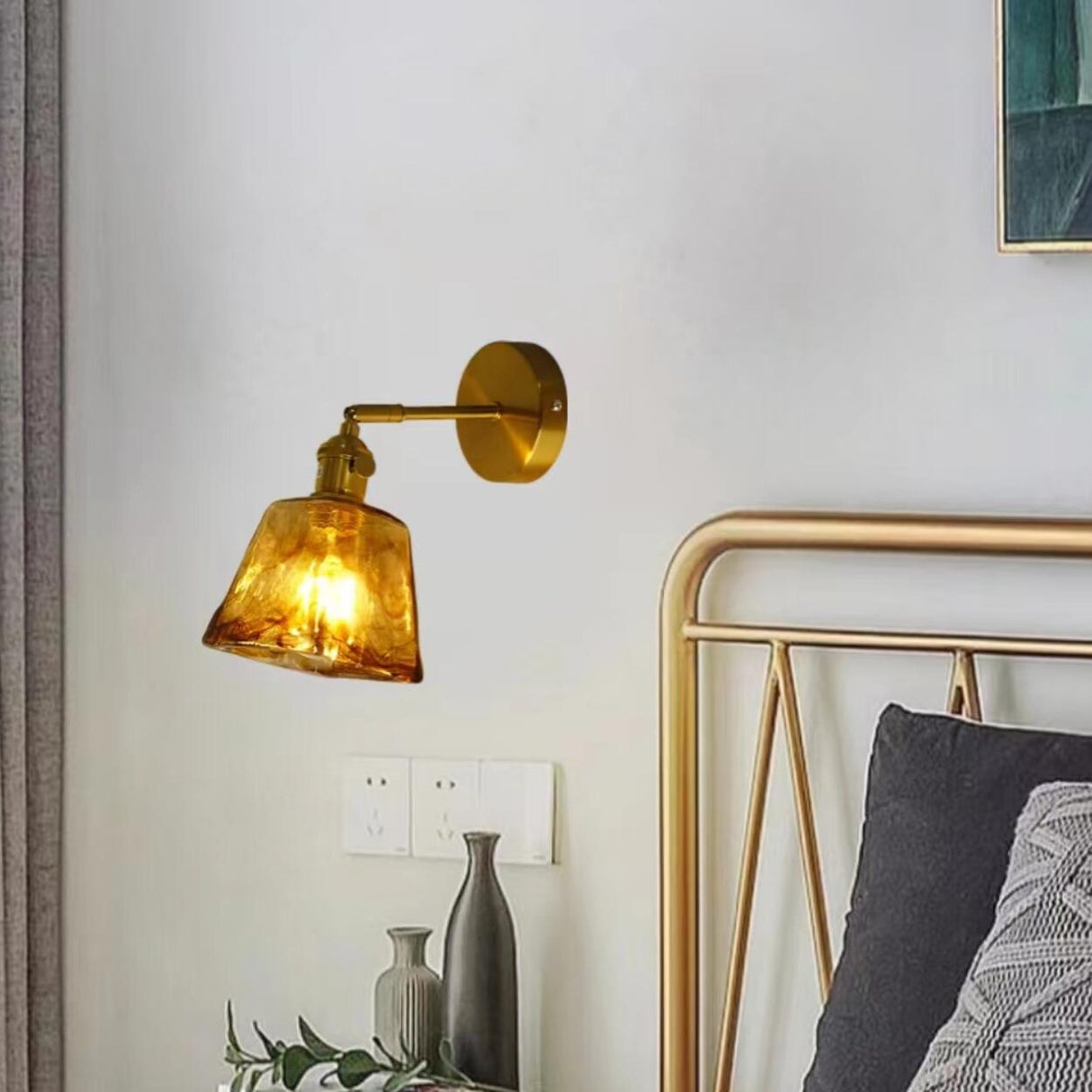 Adjustable Vintage Copper Amber Glass Wall Light Image - 6