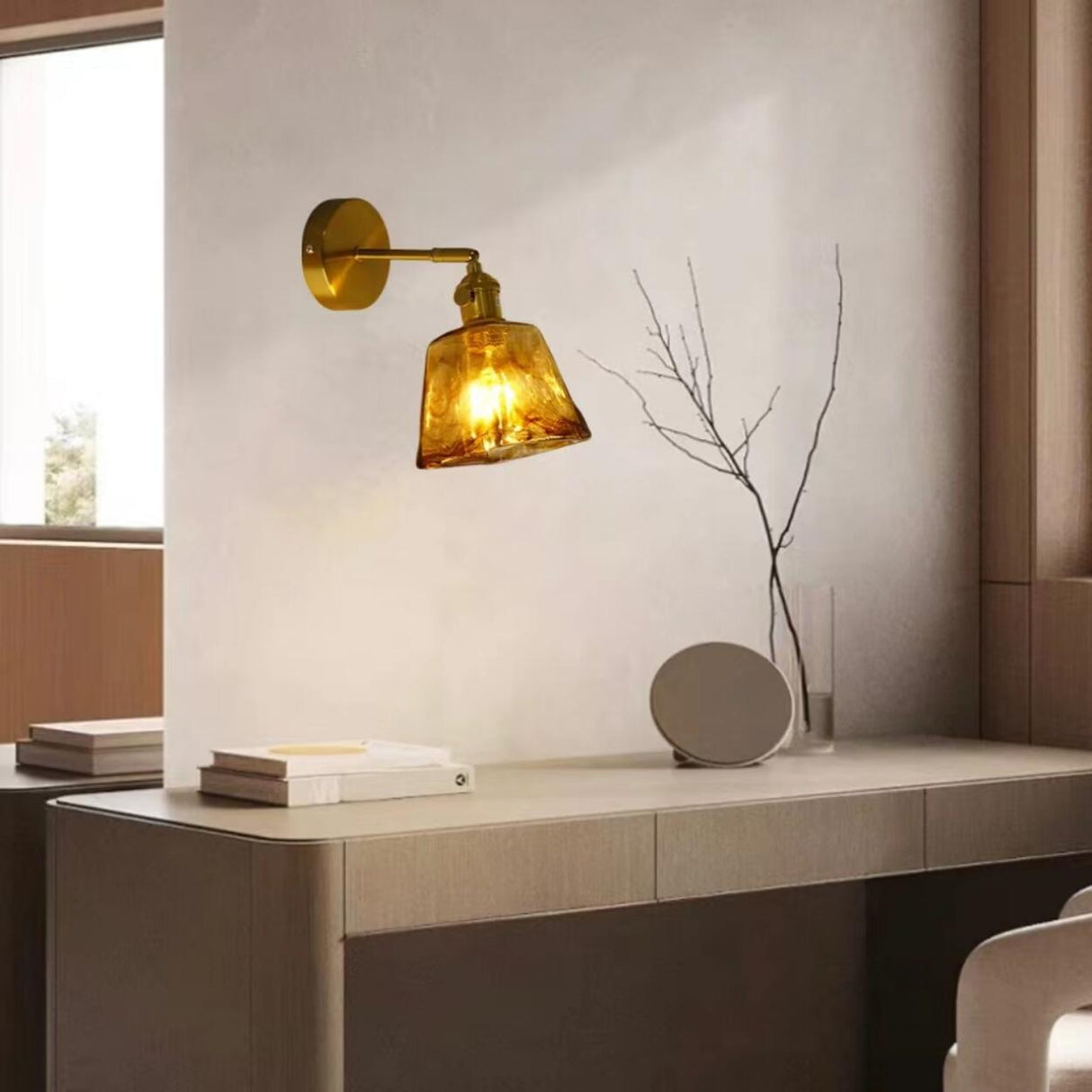 Adjustable Vintage Copper Amber Glass Wall Light Image - 8