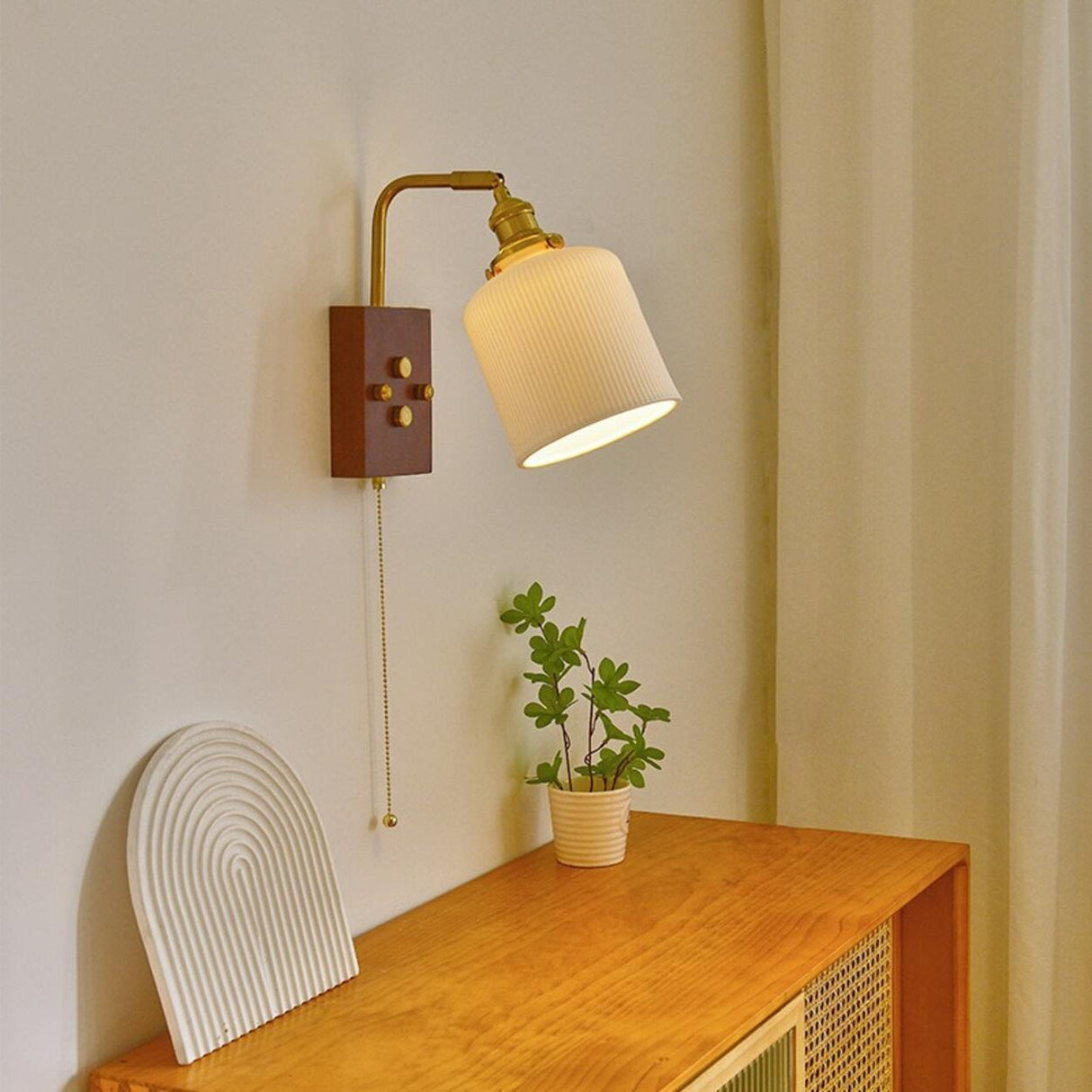 Adjustable Walnut Cylinder Pull String Wall Sconce Image - 4