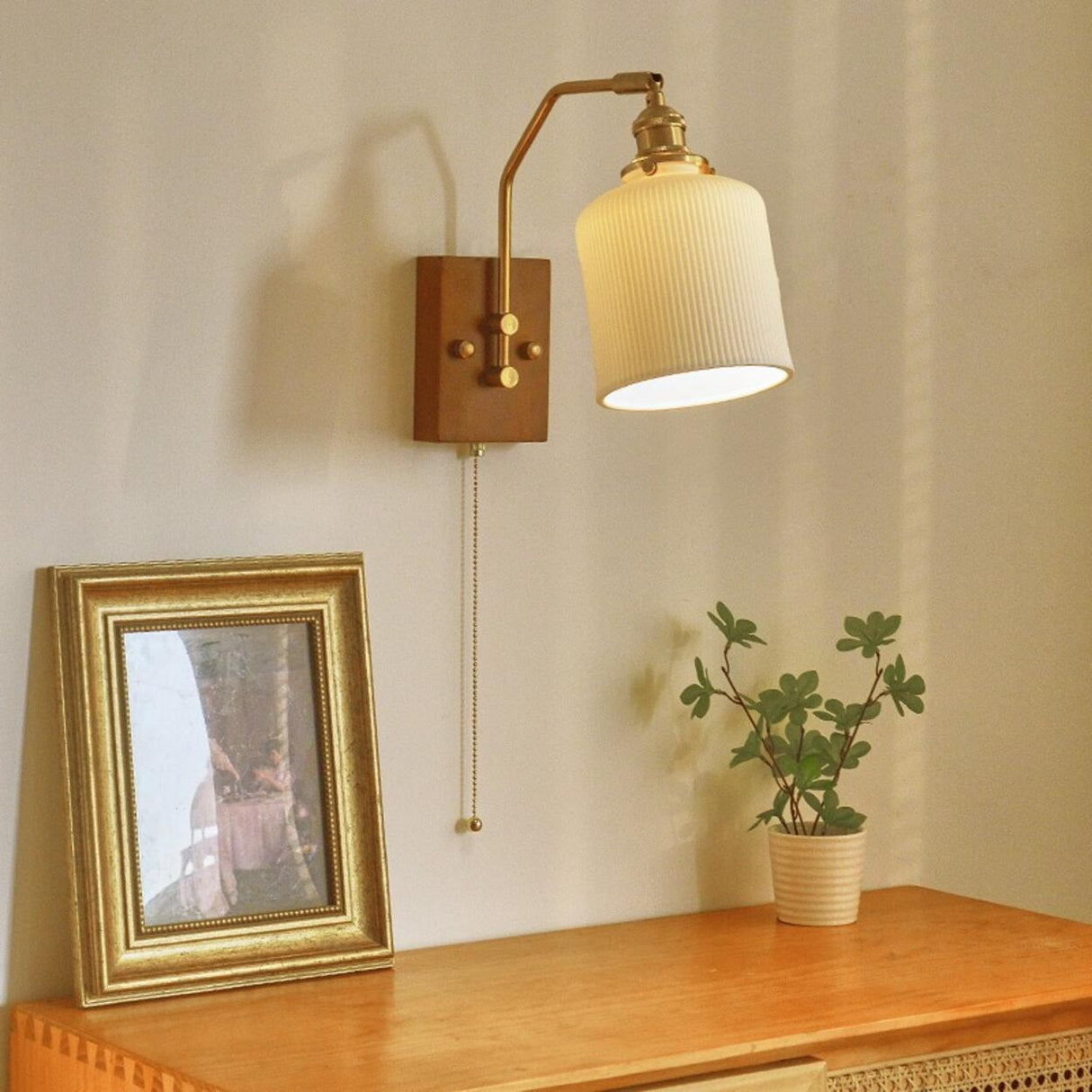 Adjustable Walnut Cylinder Pull String Wall Sconce Image - 5