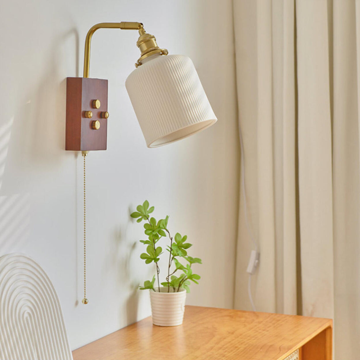 Adjustable Walnut Cylinder Pull String Wall Sconce Image - 6