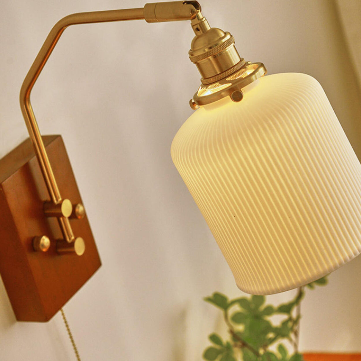 Adjustable Walnut Cylinder Pull String Wall Sconce Image - 8