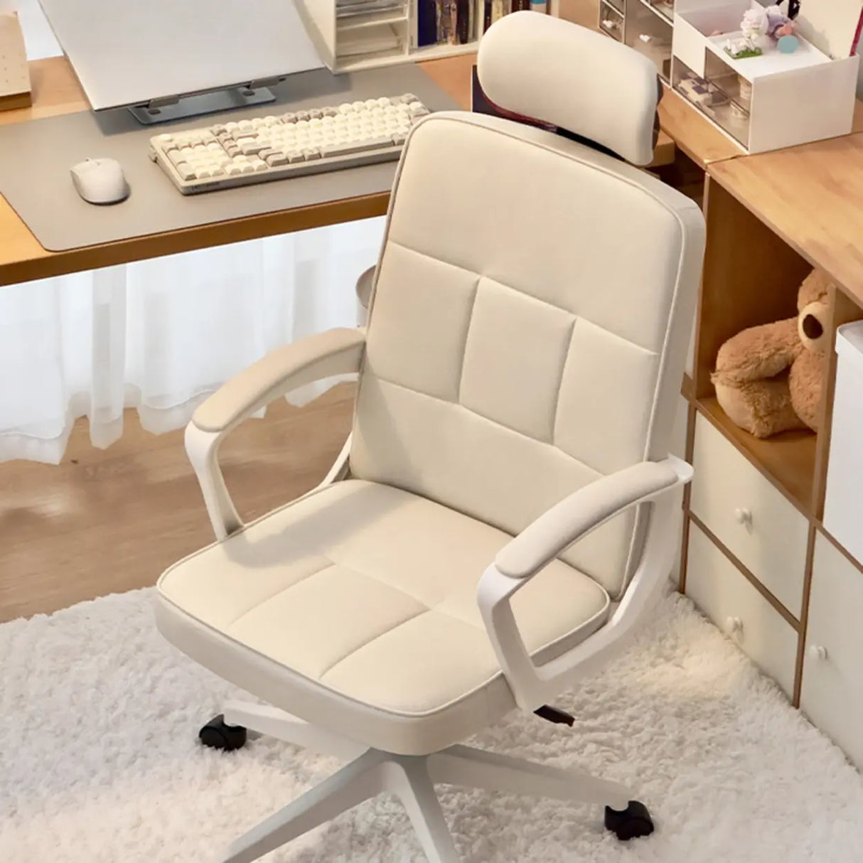 Adjustable White Ergonomic Calfskin Office Chair with Wheels Image - 1