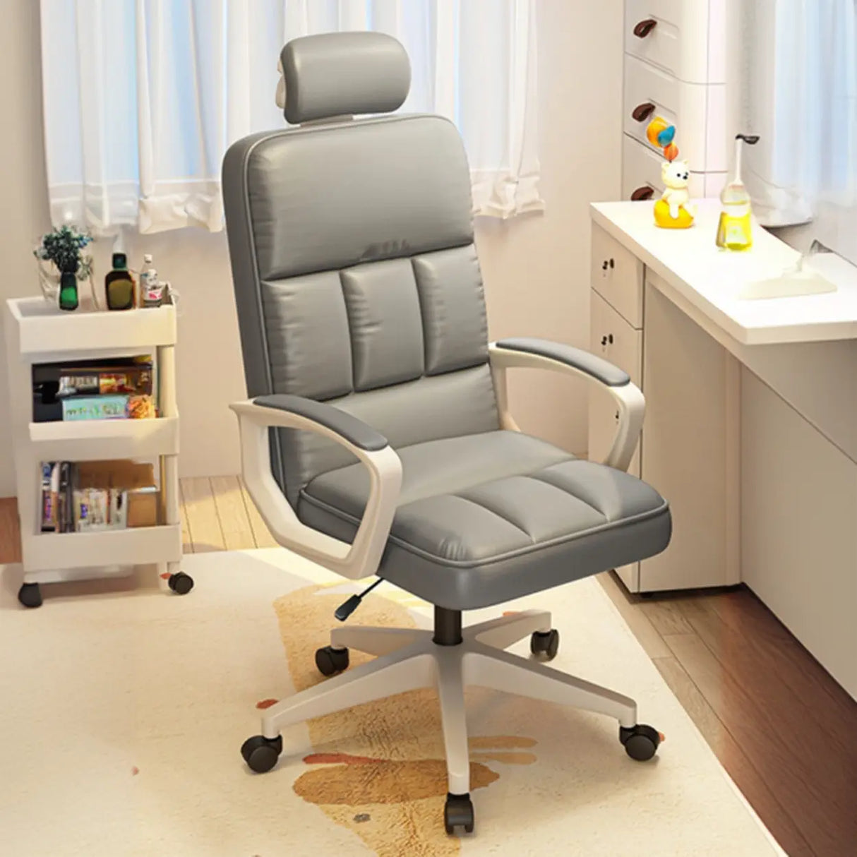 Adjustable White Ergonomic Calfskin Office Chair with Wheels Image - 11