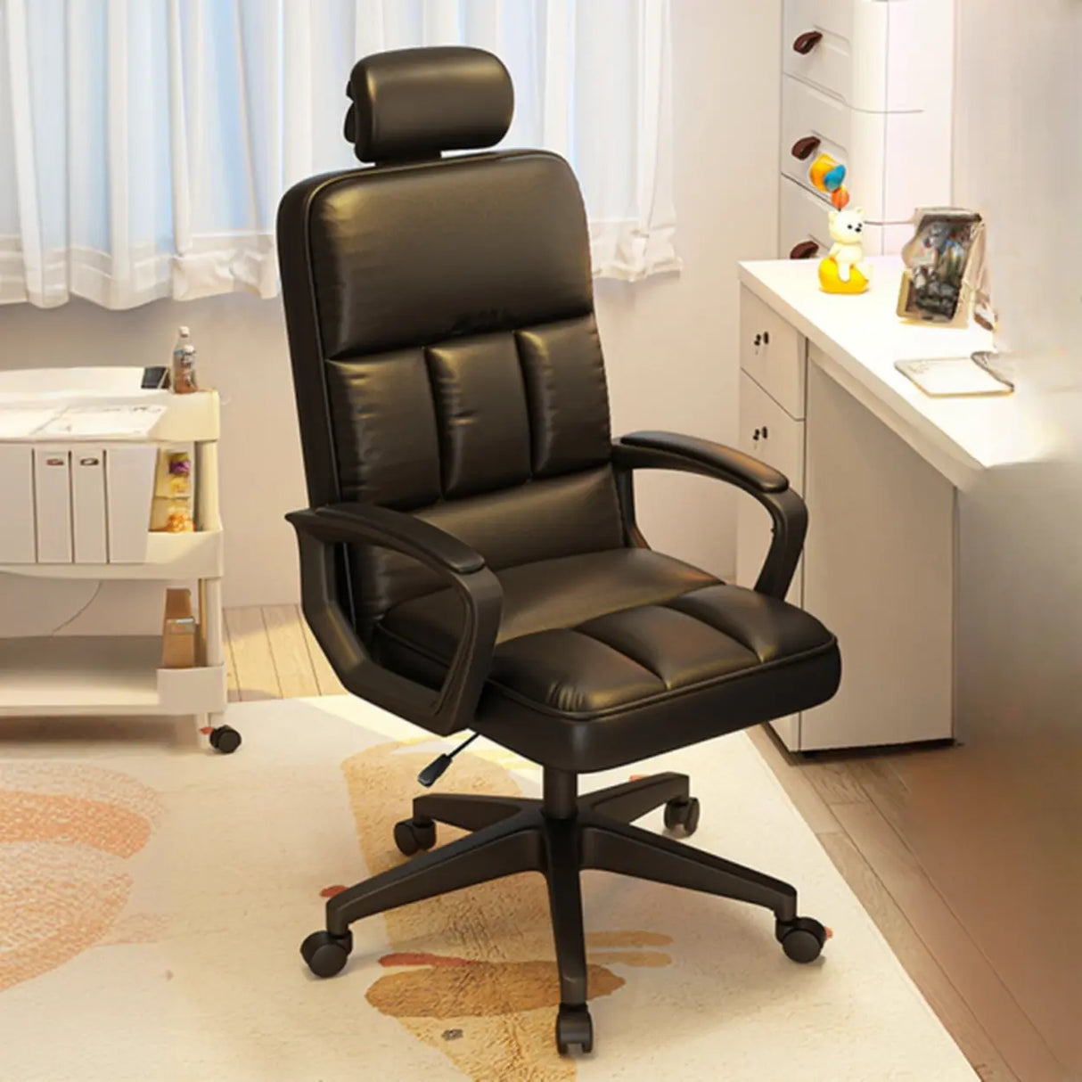 Adjustable White Ergonomic Calfskin Office Chair with Wheels Image - 12