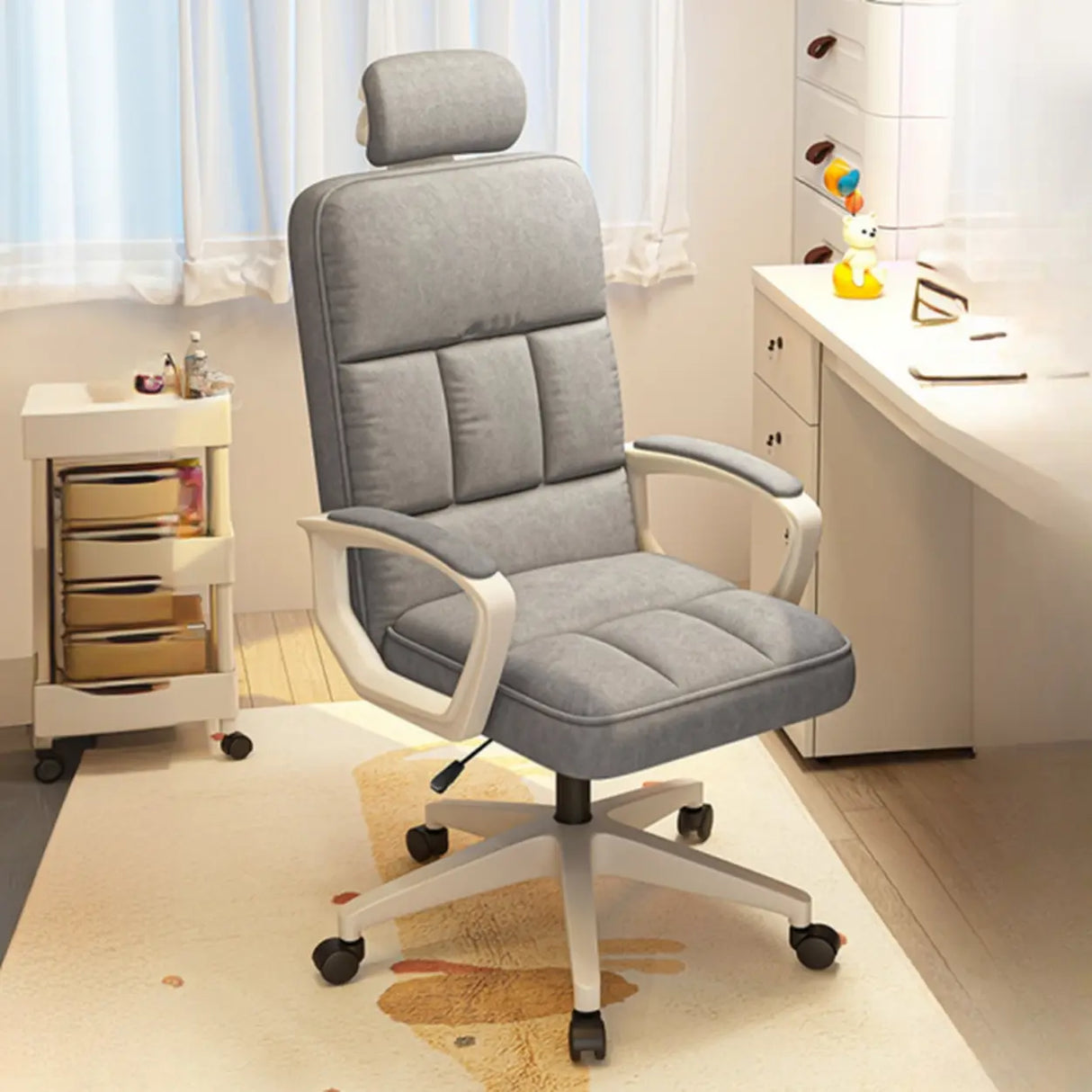 Adjustable White Ergonomic Calfskin Office Chair with Wheels Image - 13
