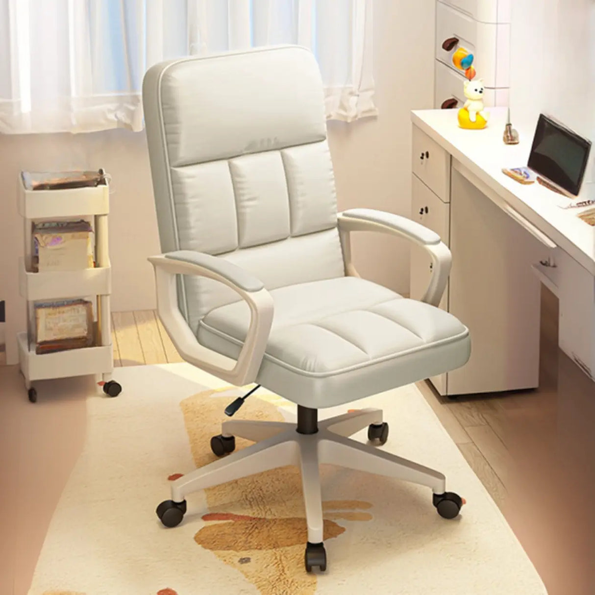 Adjustable White Ergonomic Calfskin Office Chair with Wheels Image - 3