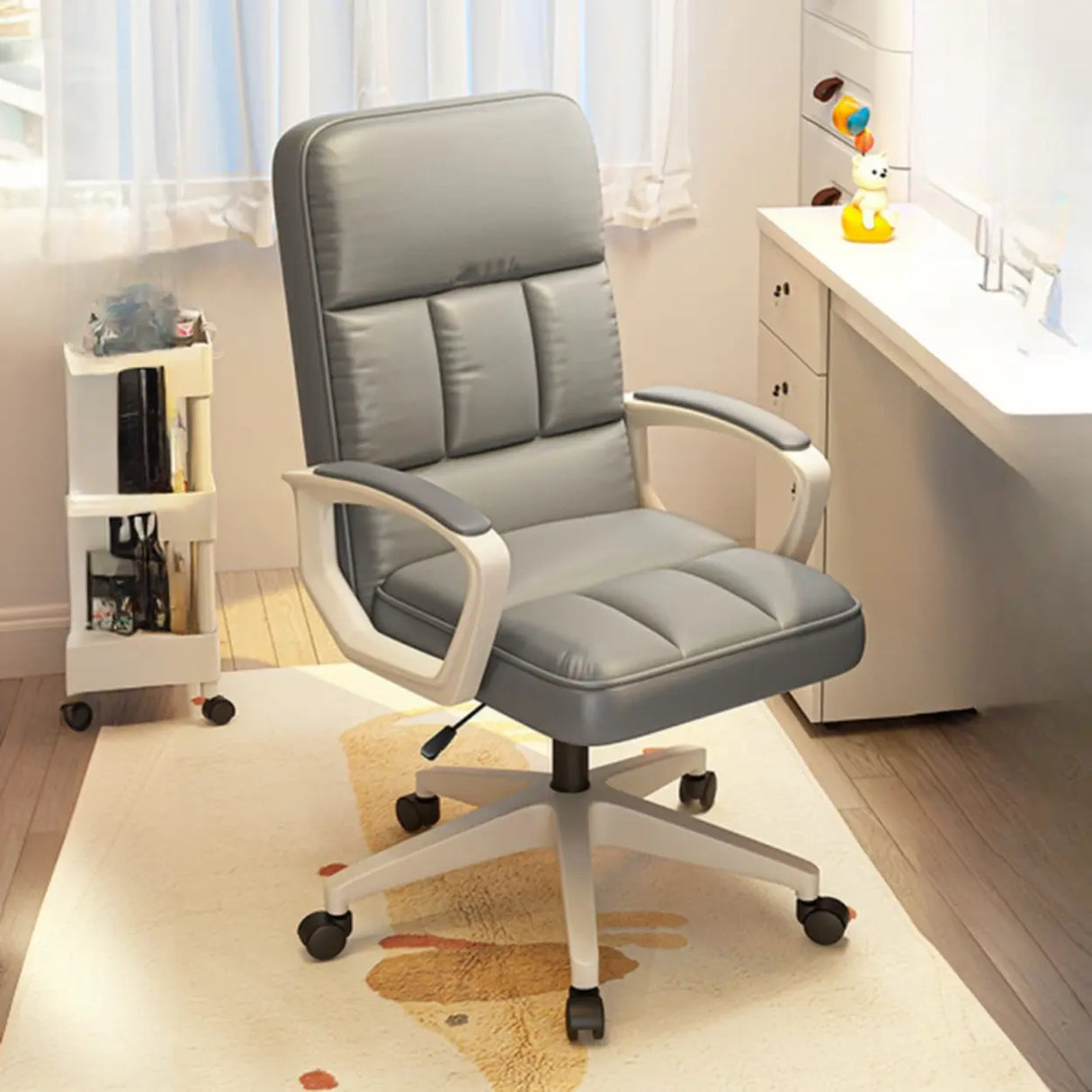 Adjustable White Ergonomic Calfskin Office Chair with Wheels Image - 5