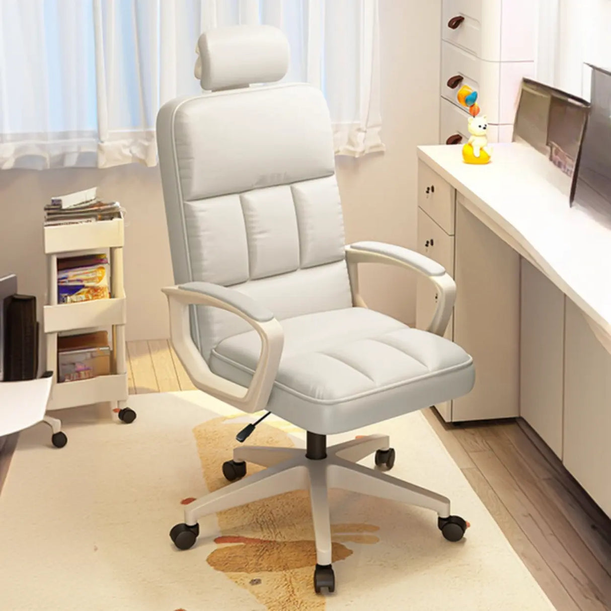 Adjustable White Ergonomic Calfskin Office Chair with Wheels Image - 9