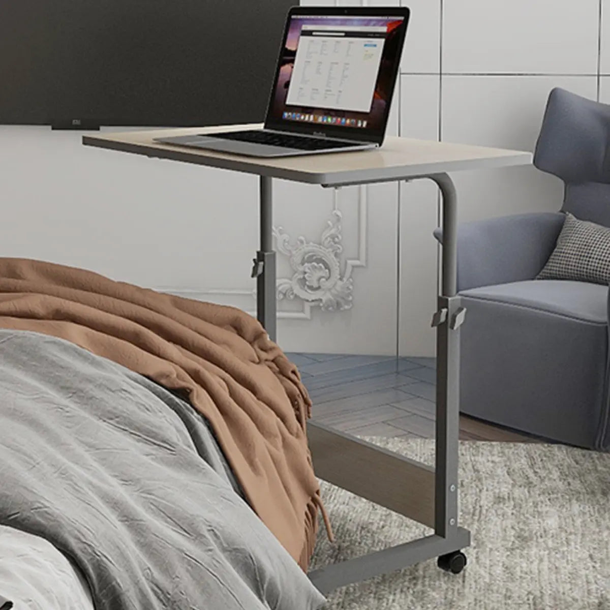 Adjustable White Mobile Rectangular Wood Standing Desk Image - 6