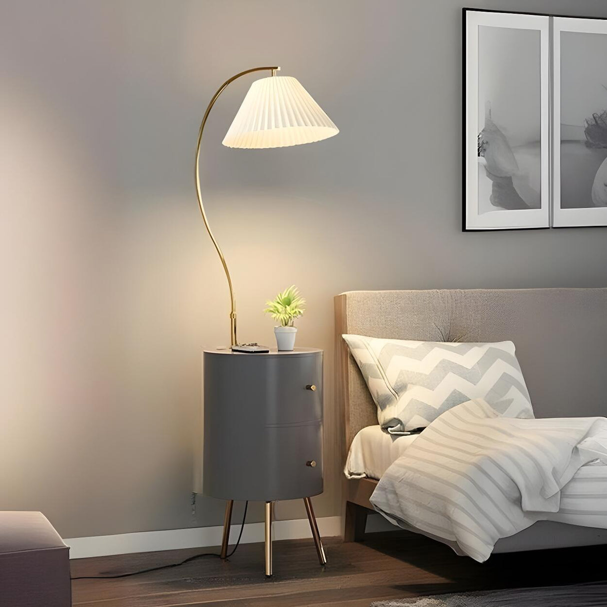 Adjustable White Modern Tripod Floor Lamp with Shelf Image - 3