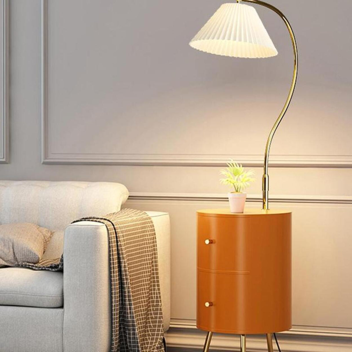 Adjustable White Modern Tripod Floor Lamp with Shelf Image - 4