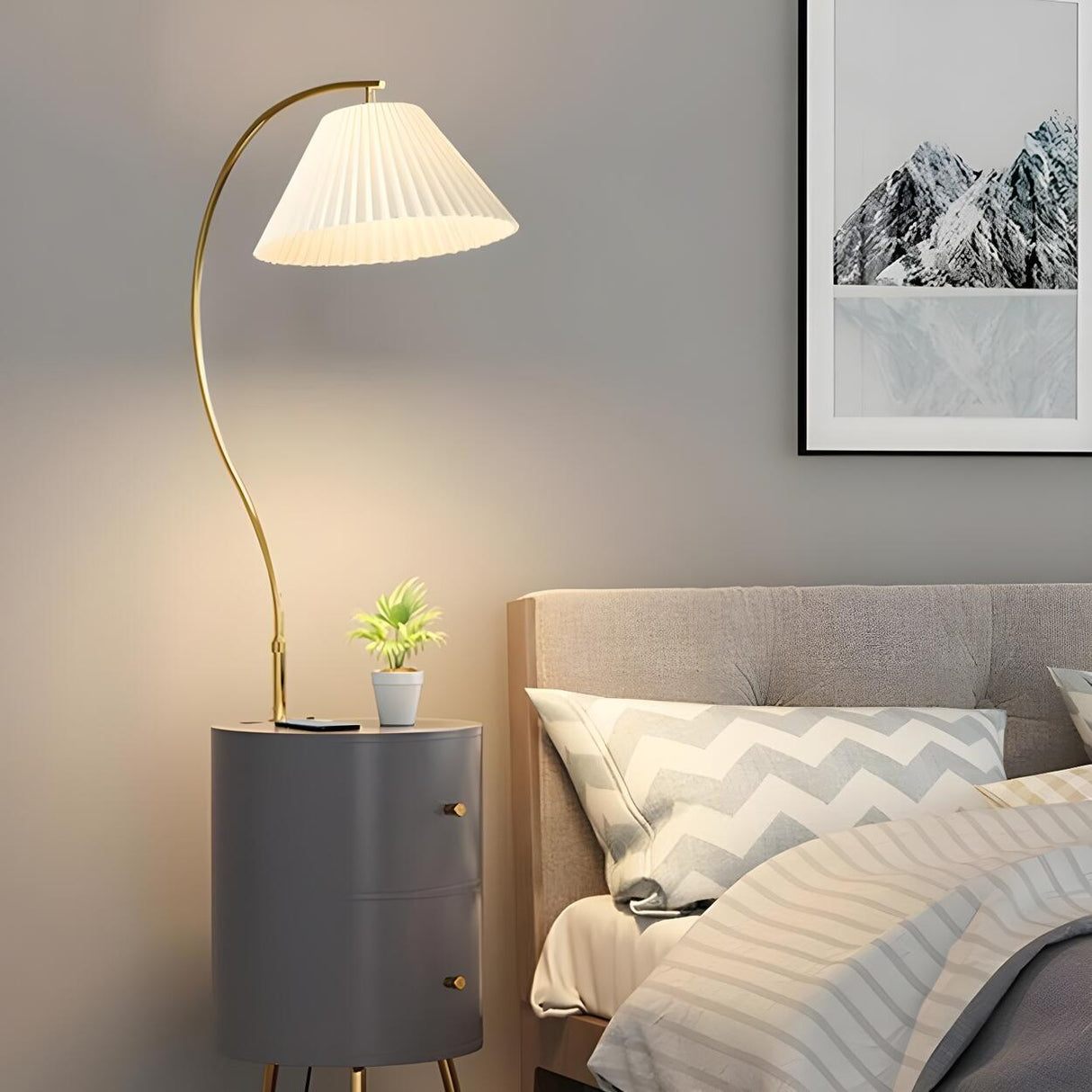 Adjustable White Modern Tripod Floor Lamp with Shelf Image - 6