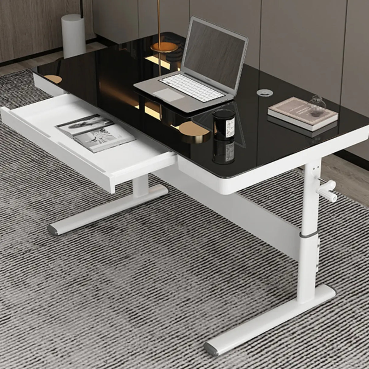 Adjustable White Wood Glass T-Shape Standing Desk Image - 6