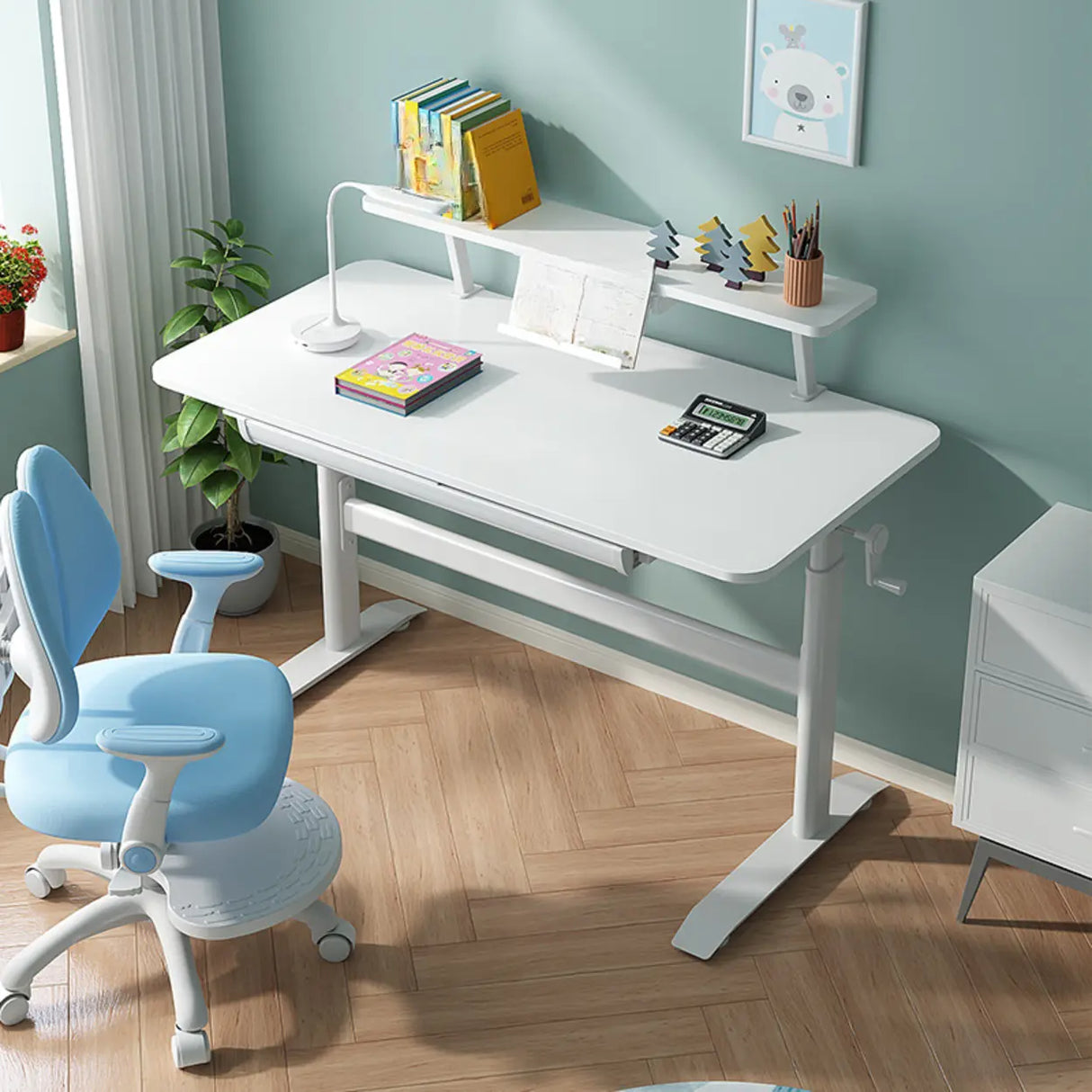 Adjustable White Wood Kids Desk with Exterior Shelf Image - 1