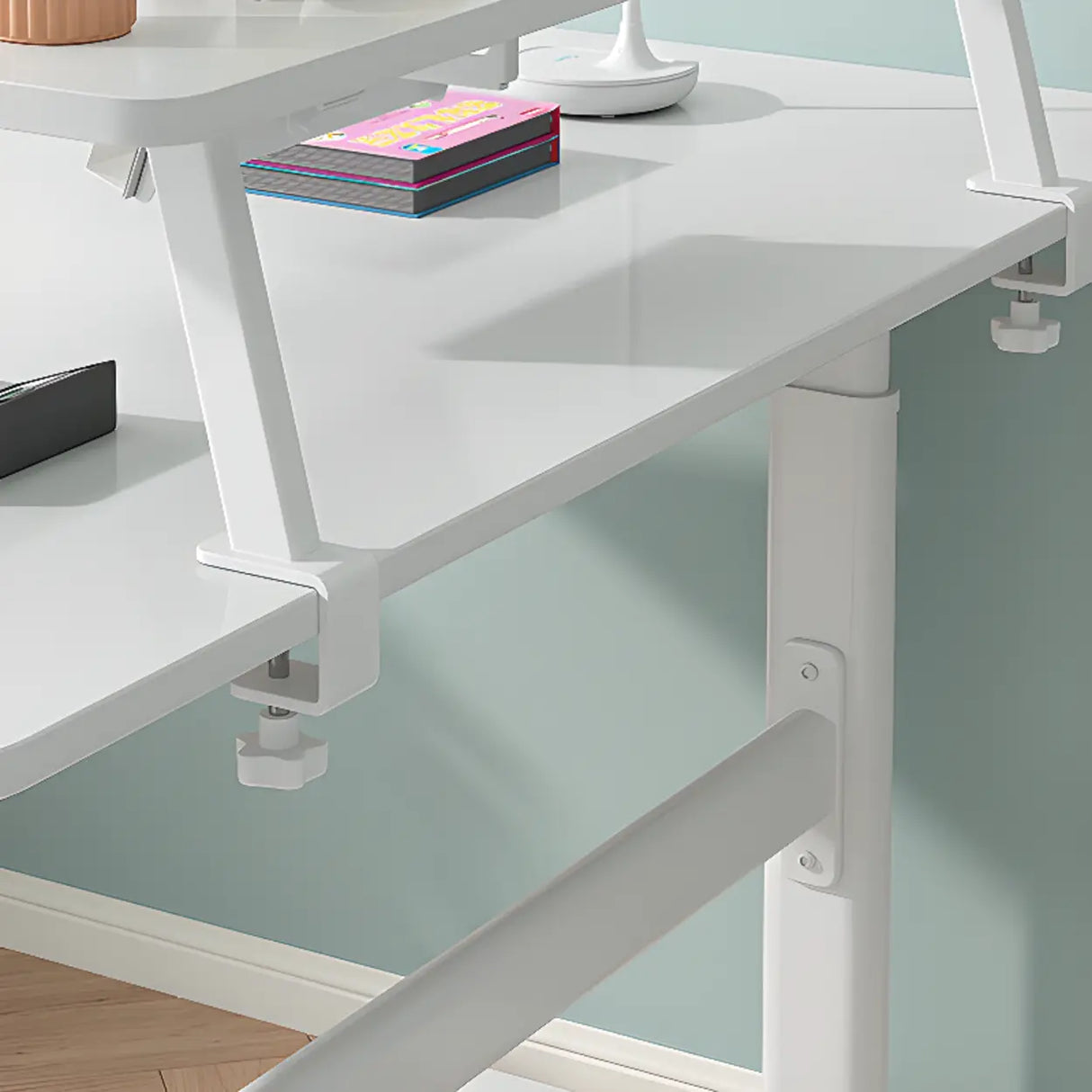 Adjustable White Wood Kids Desk with Exterior Shelf Image - 11