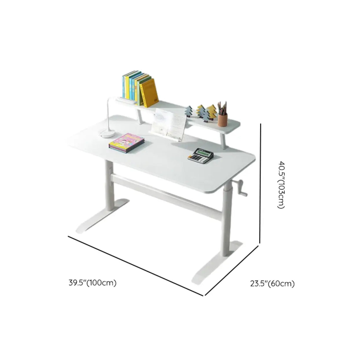 Adjustable White Wood Kids Desk with Exterior Shelf Image - 14