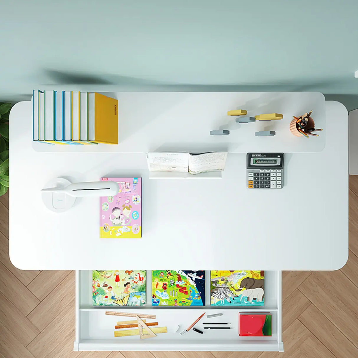 Adjustable White Wood Kids Desk with Exterior Shelf Image - 2