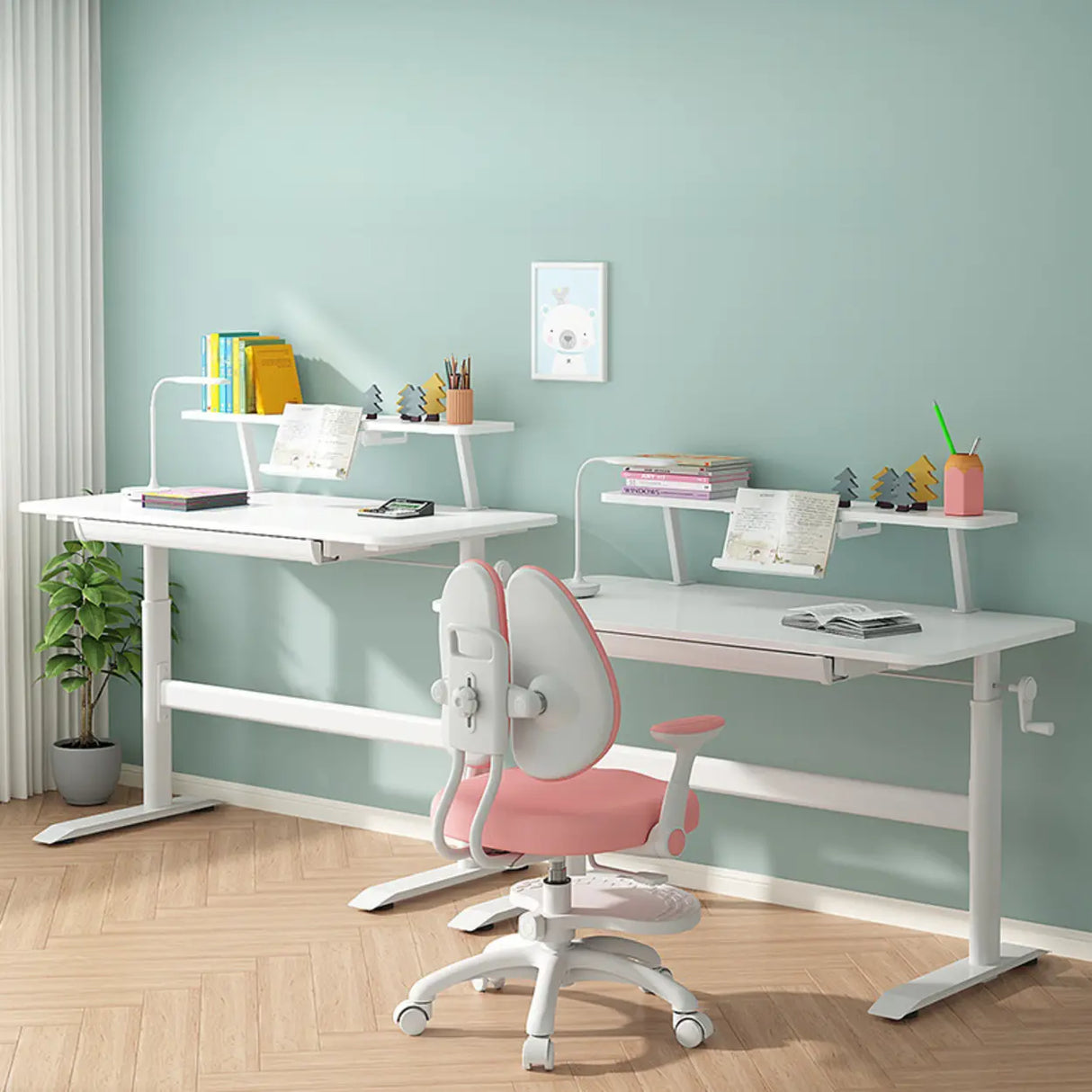 Adjustable White Wood Kids Desk with Exterior Shelf Image - 3