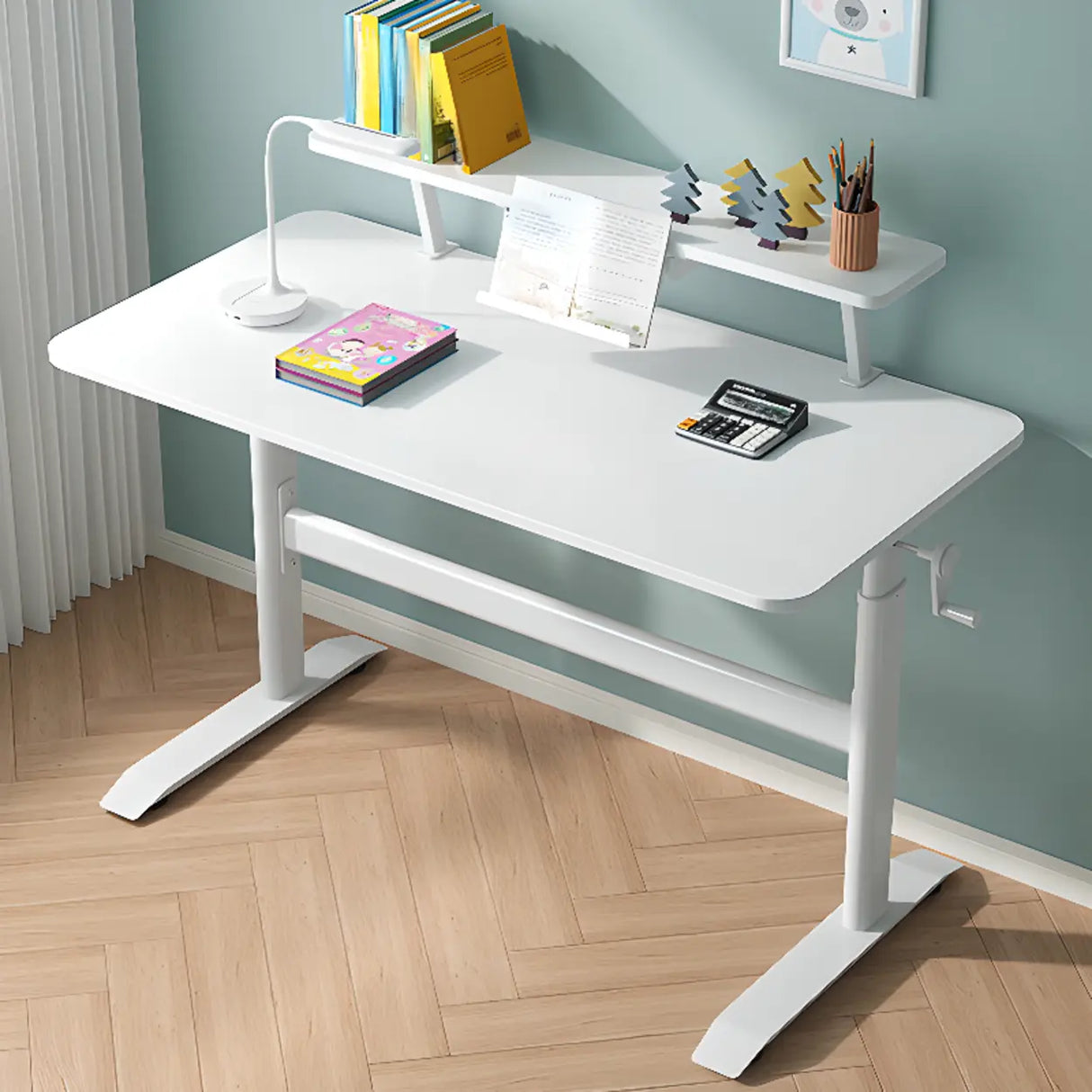 Adjustable White Wood Kids Desk with Exterior Shelf Image - 4