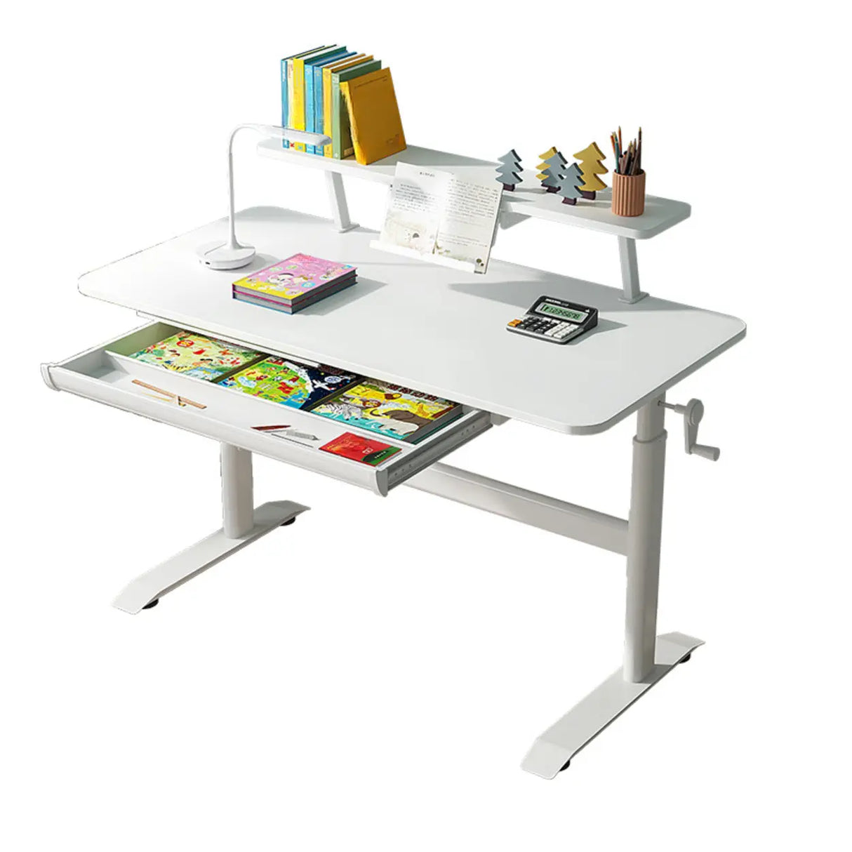 Adjustable White Wood Kids Desk with Exterior Shelf Image - 5
