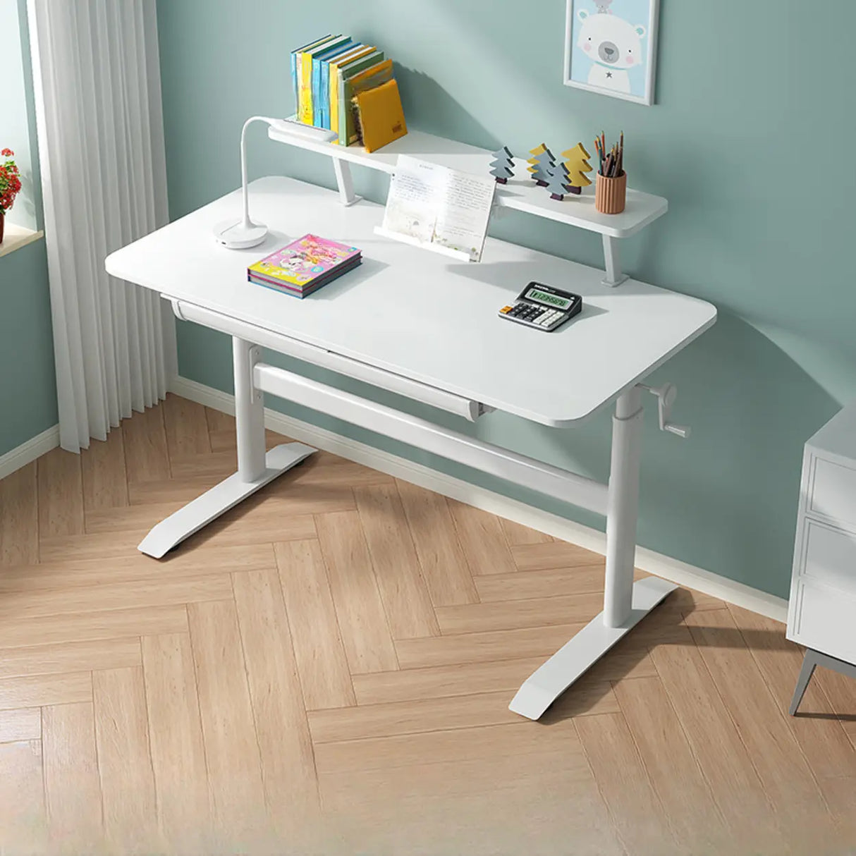 Adjustable White Wood Kids Desk with Exterior Shelf Image - 6
