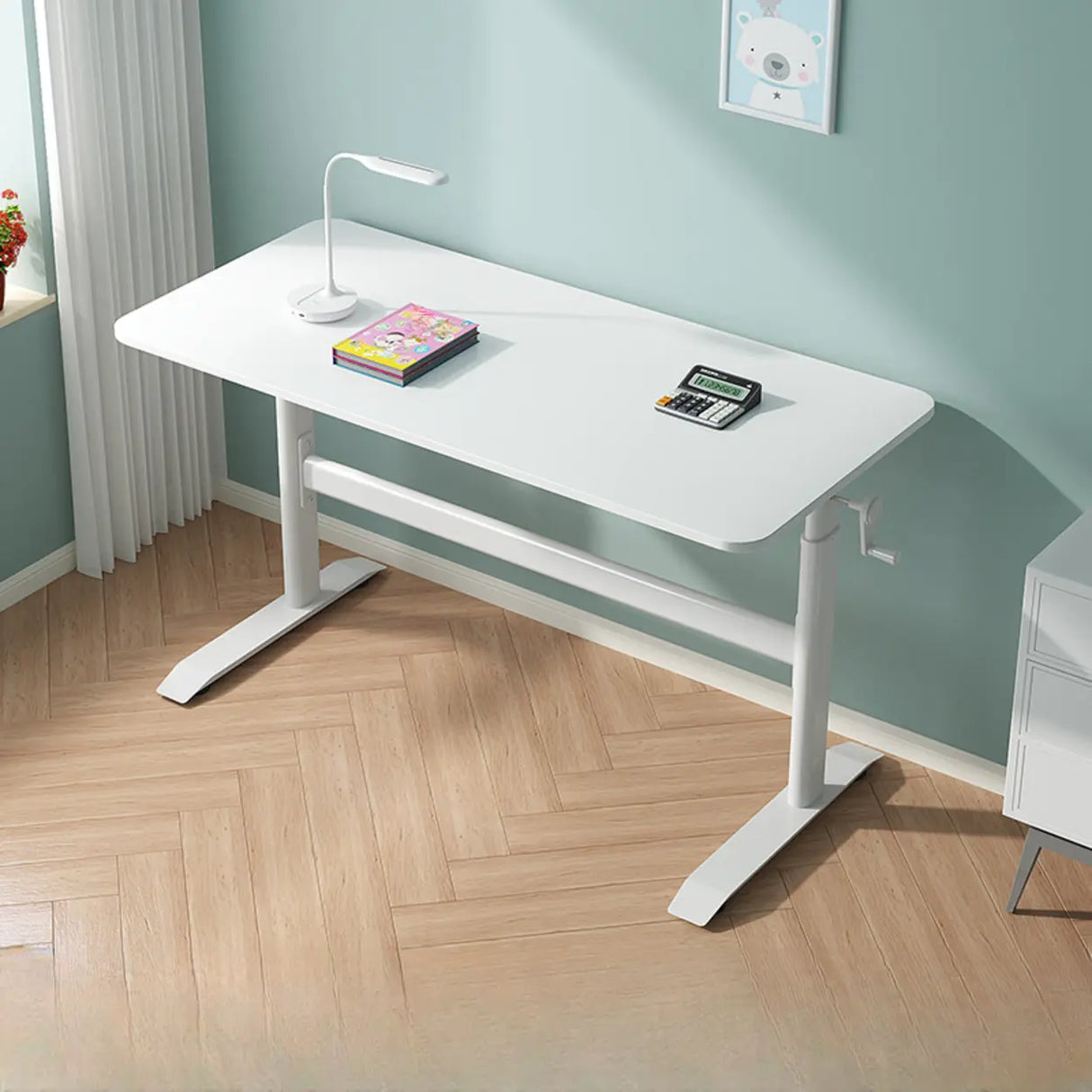 Adjustable White Wood Kids Desk with Exterior Shelf Image - 7