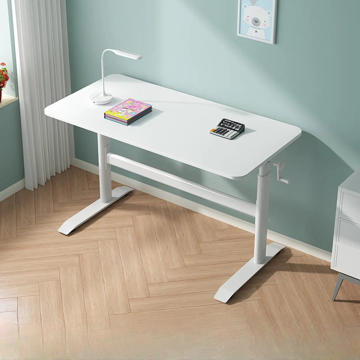 Adjustable White Wood Kids Desk with Exterior Shelf Image - 8