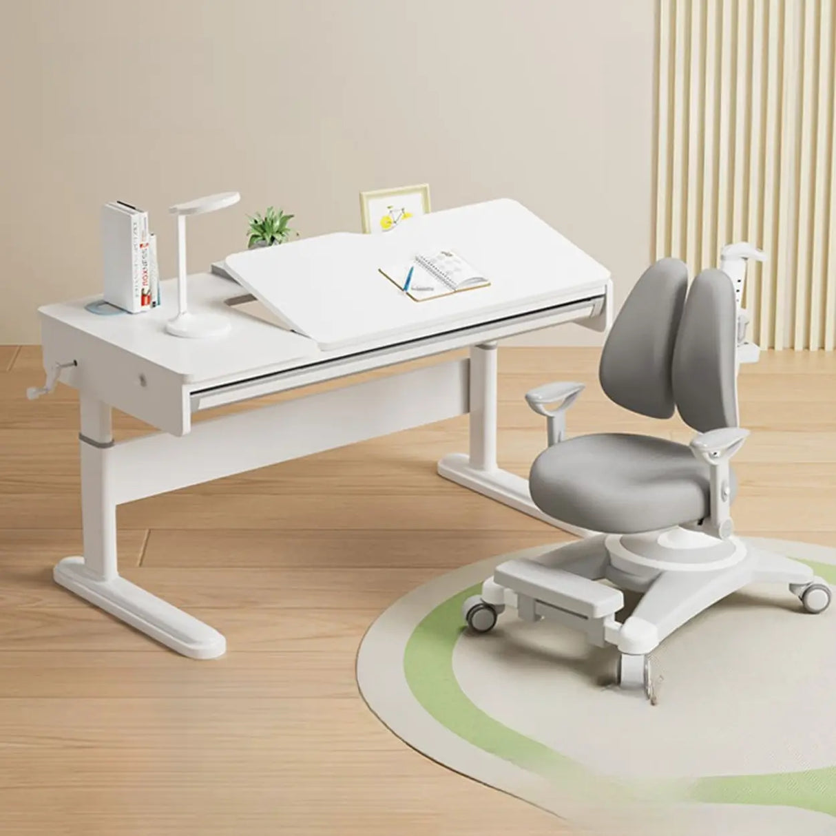 Adjustable White Wood Steel Base Kids Desk with Storage Image - 1