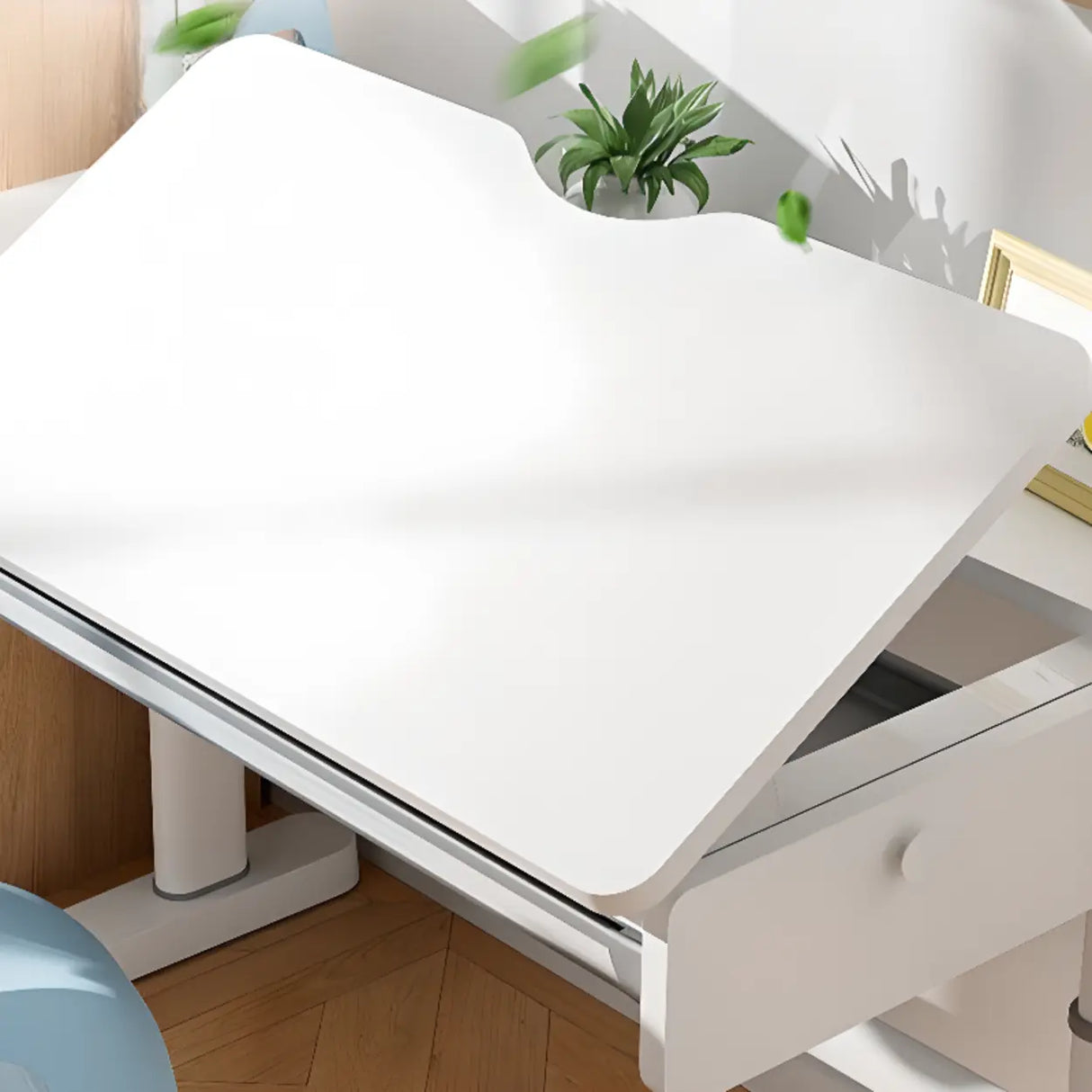 Adjustable White Wood Steel Base Kids Desk with Storage Image - 10