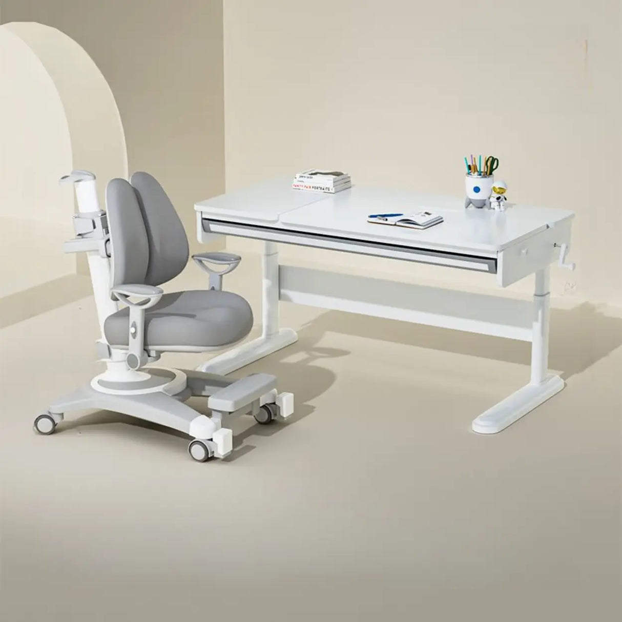 Adjustable White Wood Steel Base Kids Desk with Storage Image - 11