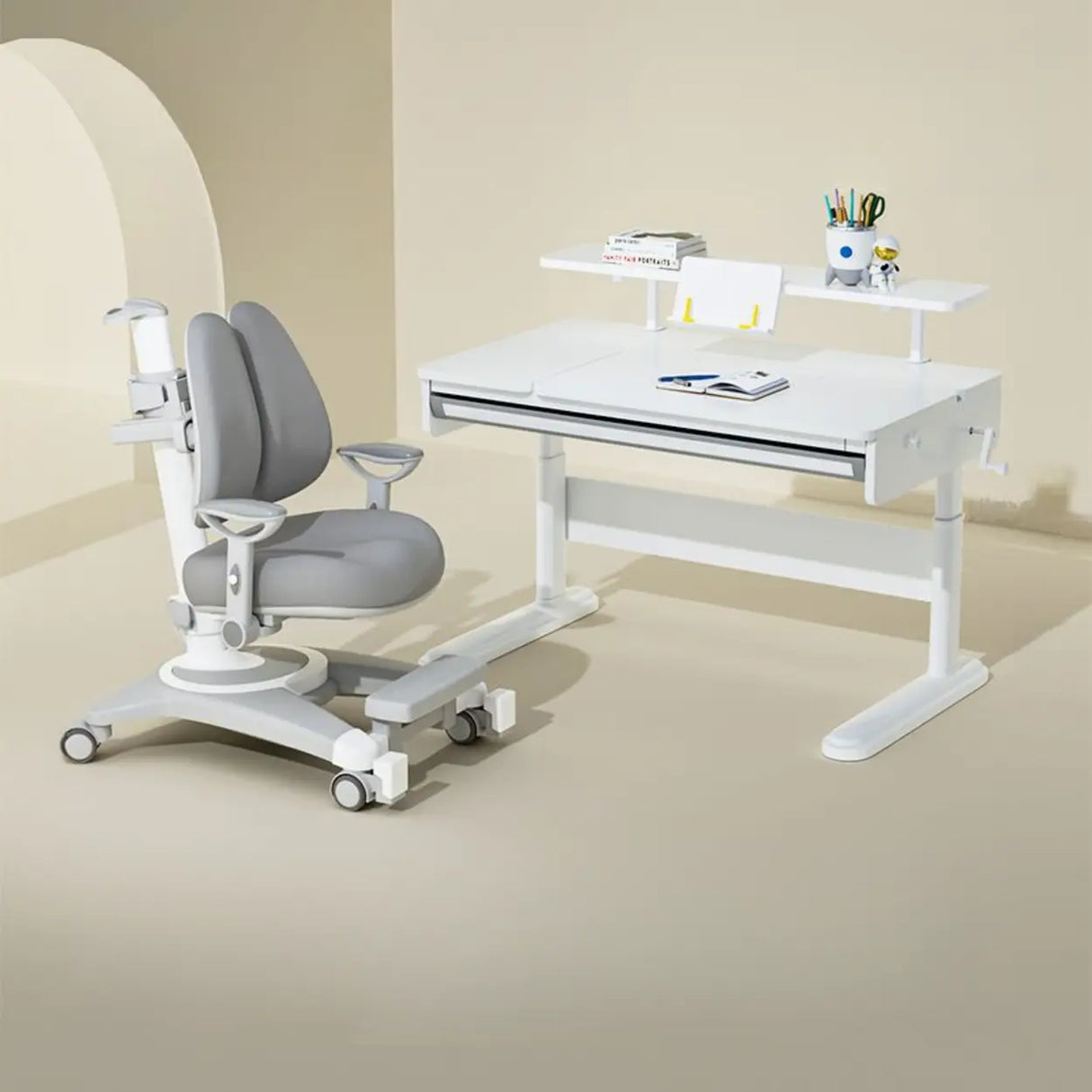 Adjustable White Wood Steel Base Kids Desk with Storage Image - 13