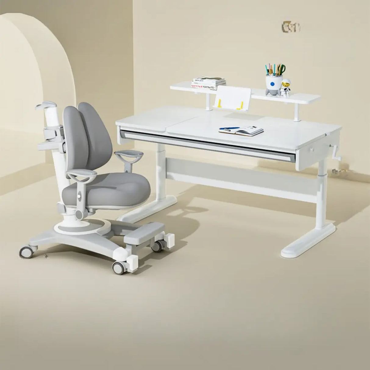 Adjustable White Wood Steel Base Kids Desk with Storage Image - 14