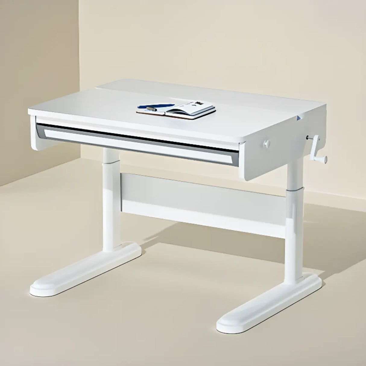 Adjustable White Wood Steel Base Kids Desk with Storage Image - 2