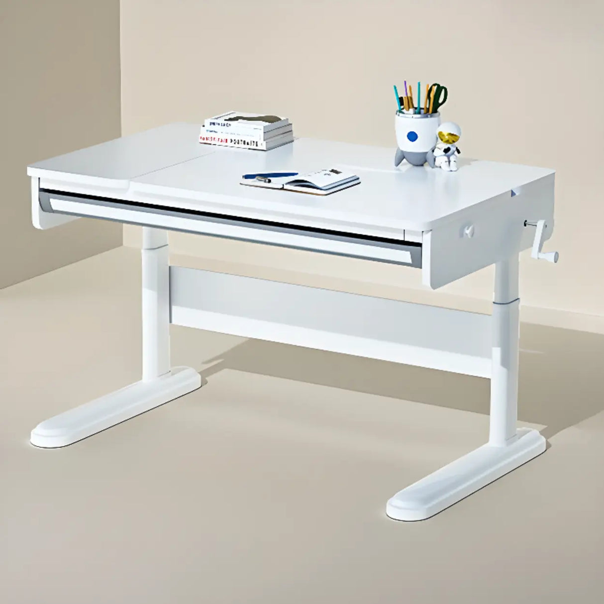 Adjustable White Wood Steel Base Kids Desk with Storage Image - 3