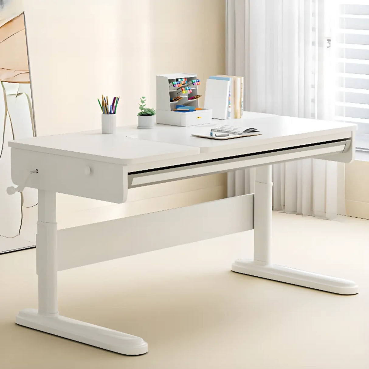 Adjustable White Wood Steel Base Kids Desk with Storage Image - 4
