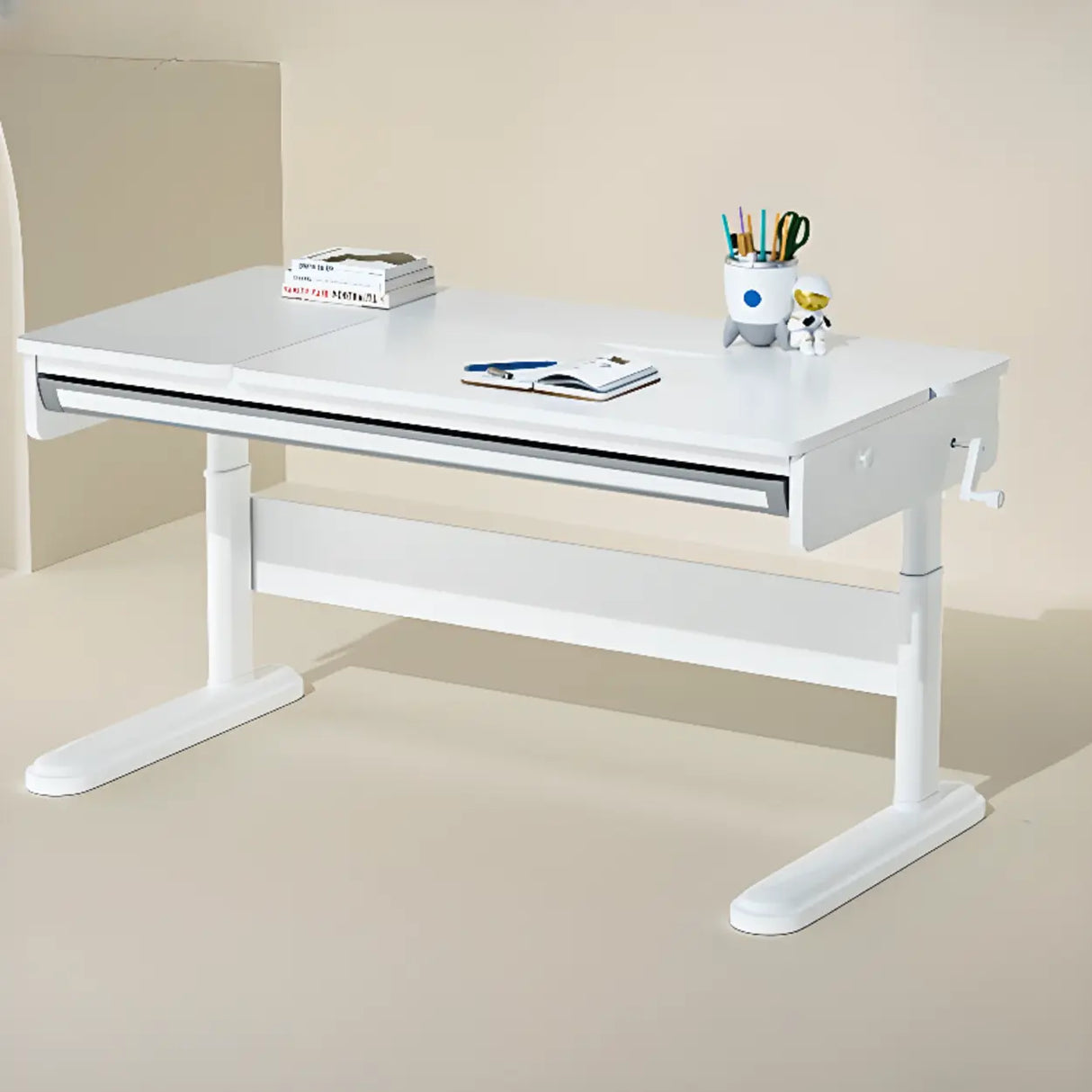 Adjustable White Wood Steel Base Kids Desk with Storage Image - 5