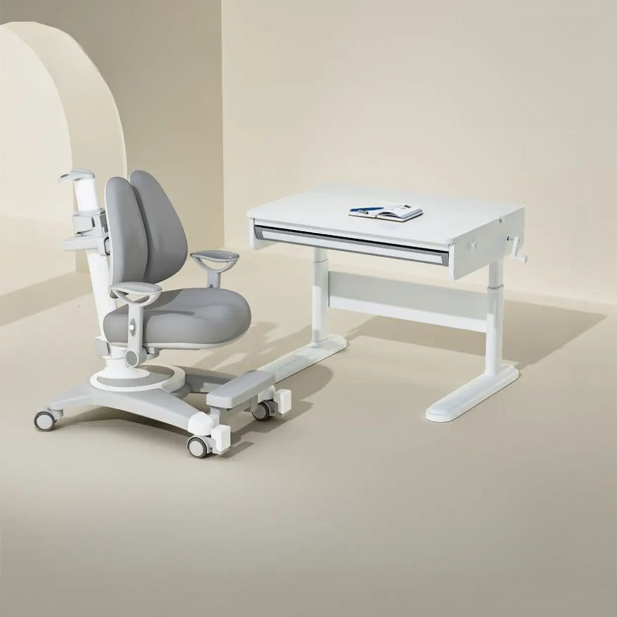 Adjustable White Wood Steel Base Kids Desk with Storage Image - 7