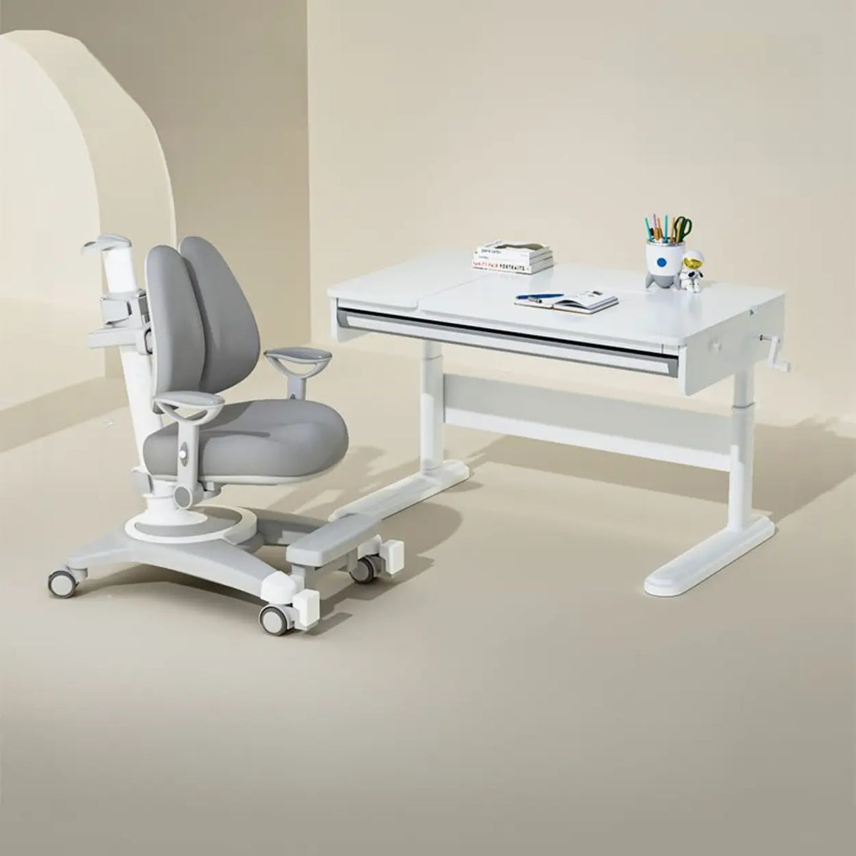 Adjustable White Wood Steel Base Kids Desk with Storage Image - 9