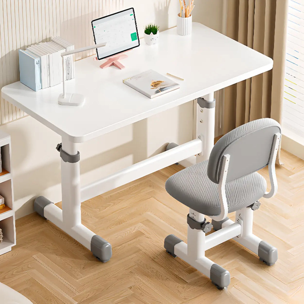 Adjustable White Wood Top Metal T-Shaped Base Kids Desk Image - 1