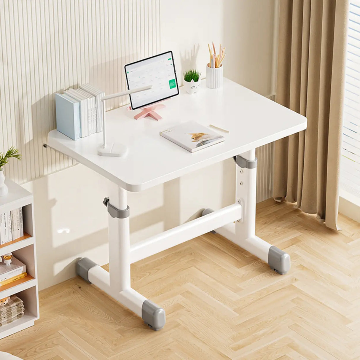 Adjustable White Wood Top Metal T-Shaped Base Kids Desk Image - 2