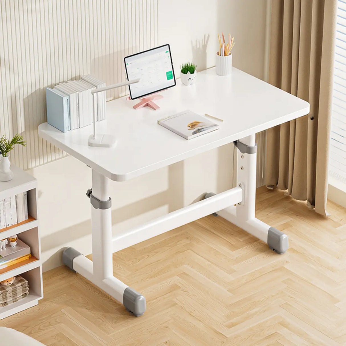 Adjustable White Wood Top Metal T-Shaped Base Kids Desk Image - 3