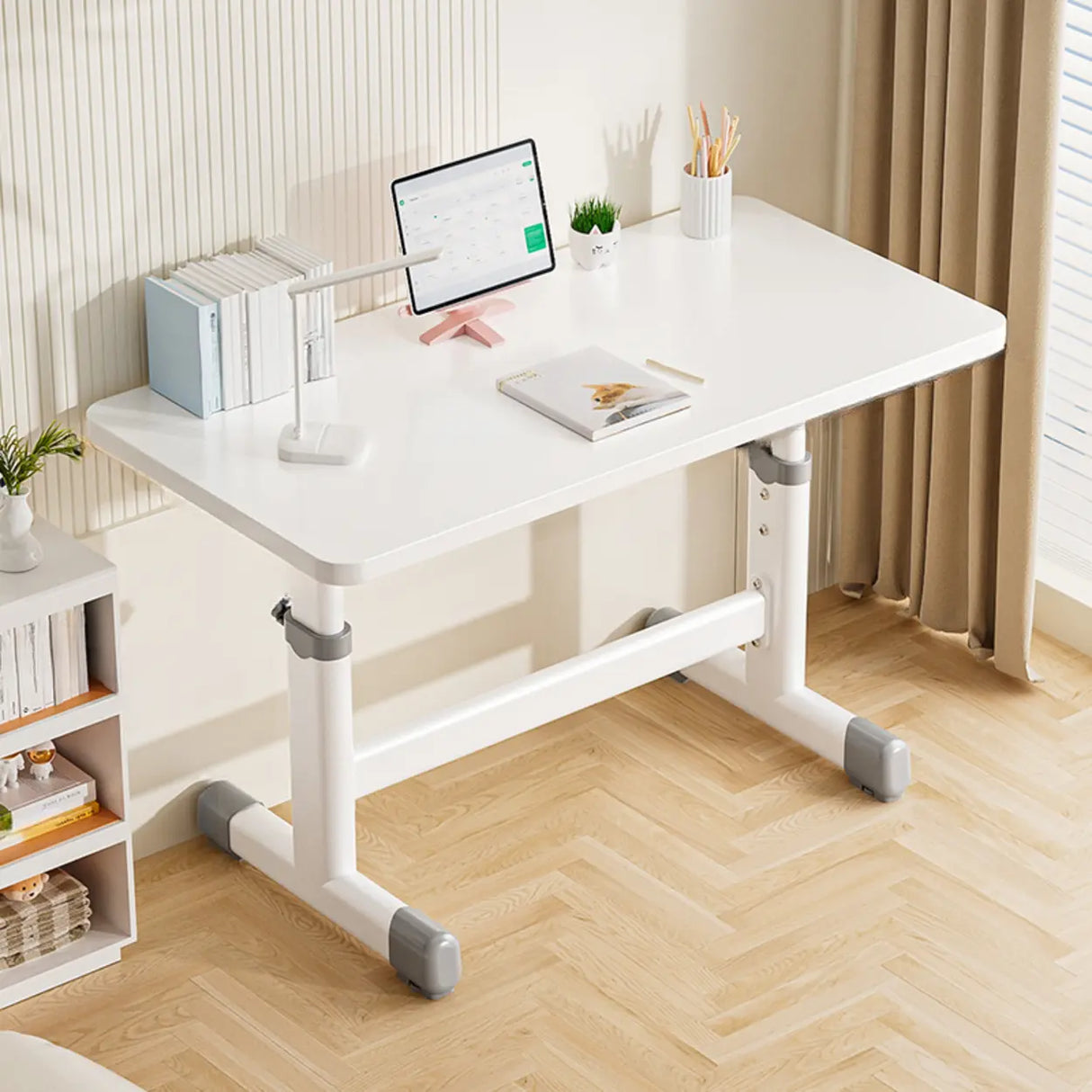 Adjustable White Wood Top Metal T-Shaped Base Kids Desk Image - 5