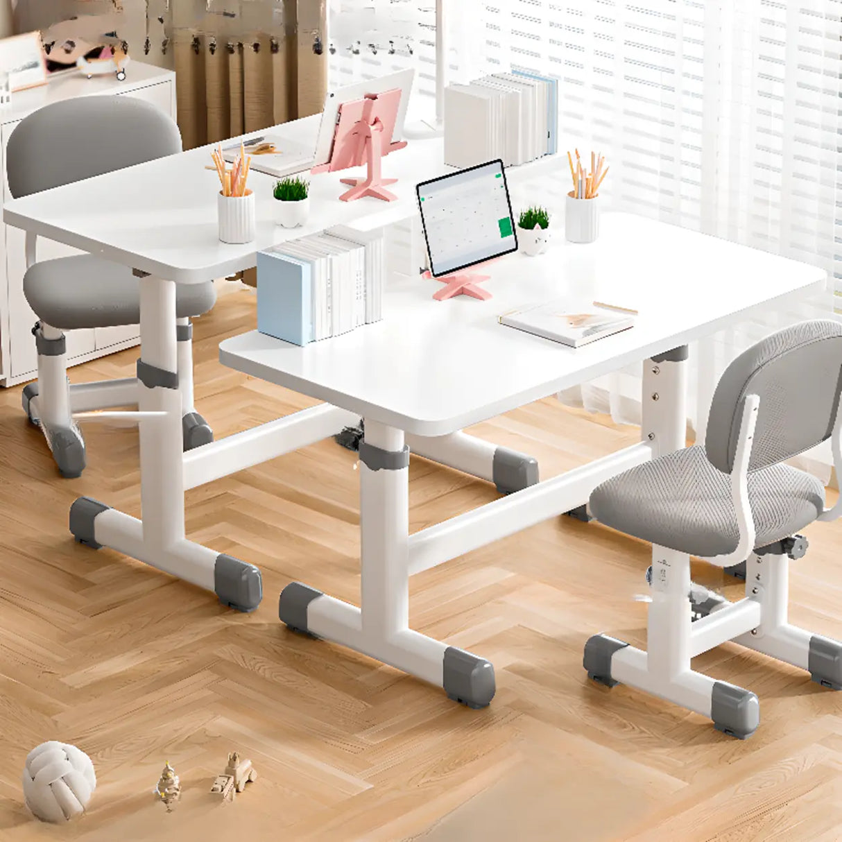 Adjustable White Wood Top Metal T-Shaped Base Kids Desk Image - 6