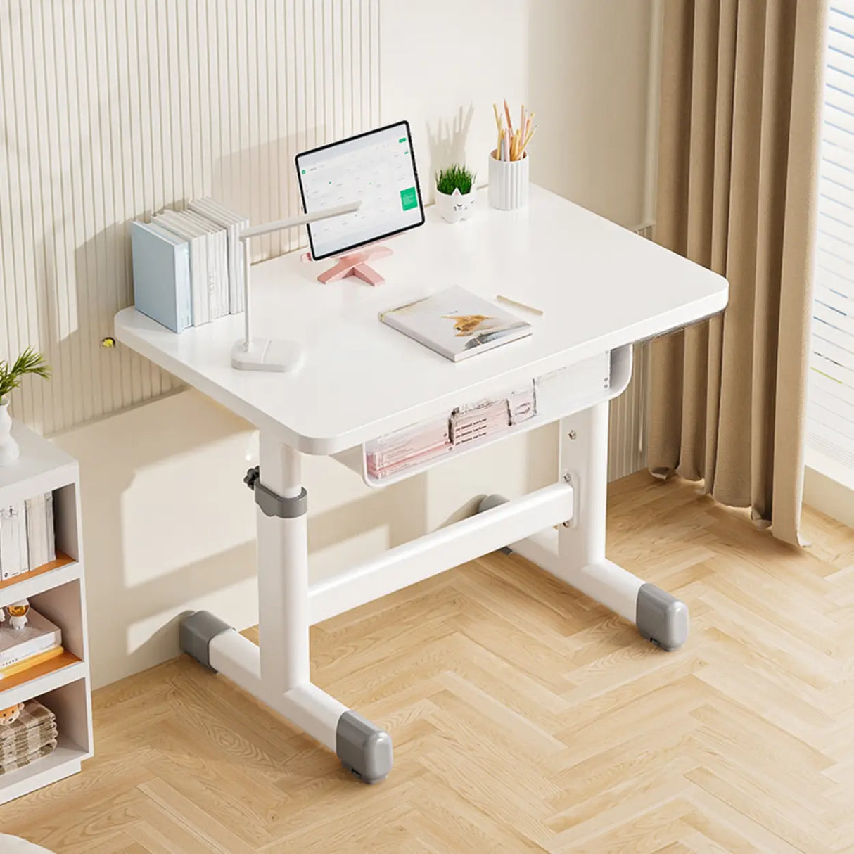 Adjustable White Wood Top Metal T-Shaped Base Kids Desk Image - 7