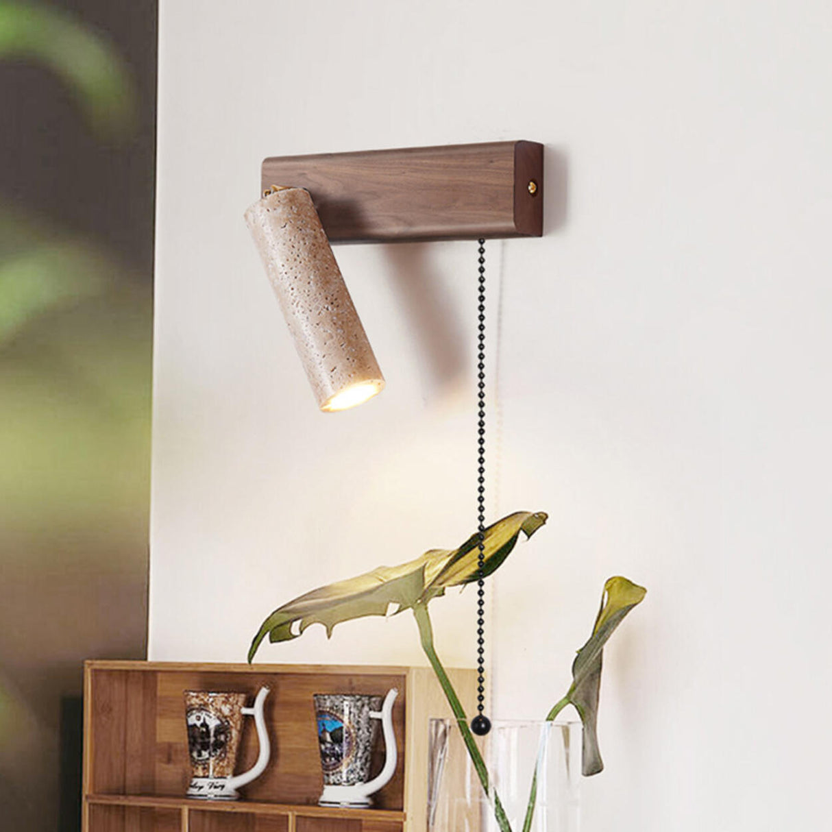 Adjustable Wood Cylinder Wall Sconce with Pull Chain Image - 4