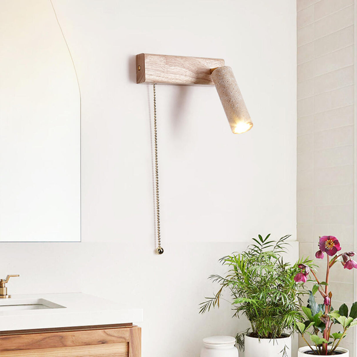 Adjustable Wood Cylinder Wall Sconce with Pull Chain Image - 8