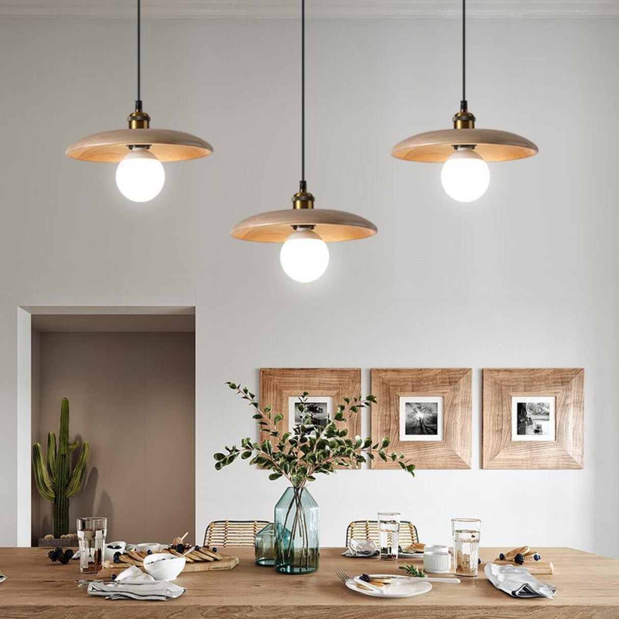 Adjustable Wood Disc Pendant Light Kitchen Island Image - 1