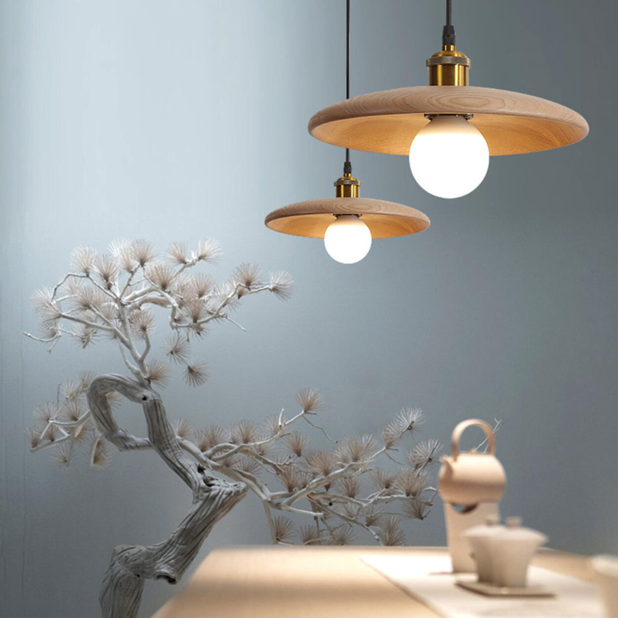 Adjustable Wood Disc Pendant Light Kitchen Island Image - 4